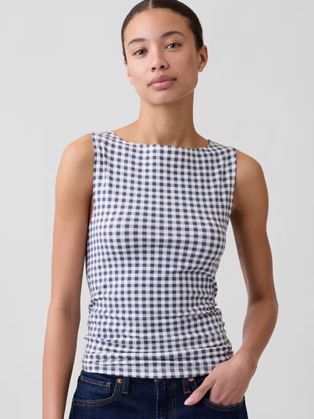 GAP Boatneck Tank Top Blue Gingham Plaid